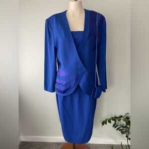 80s Vintage Joseph Ribkoff Blazer Suit Jacket Skirt Purse 3 Piece Set Blue M/L